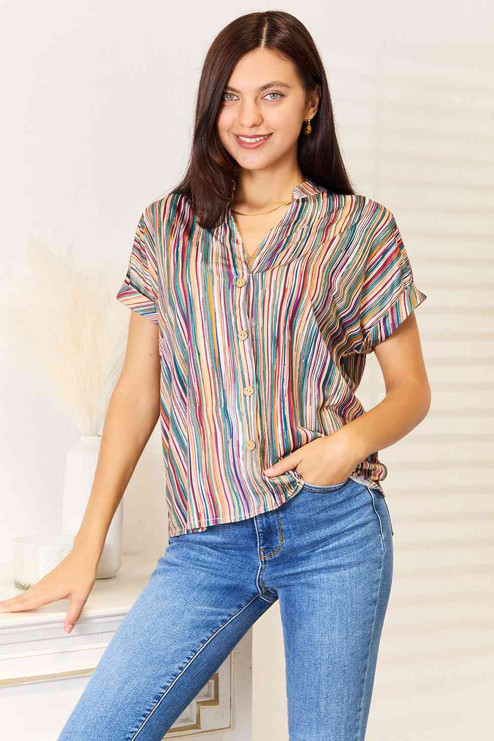 Double Take Multicolored Stripe Notched Neck Top BLUE ZONE PLANET