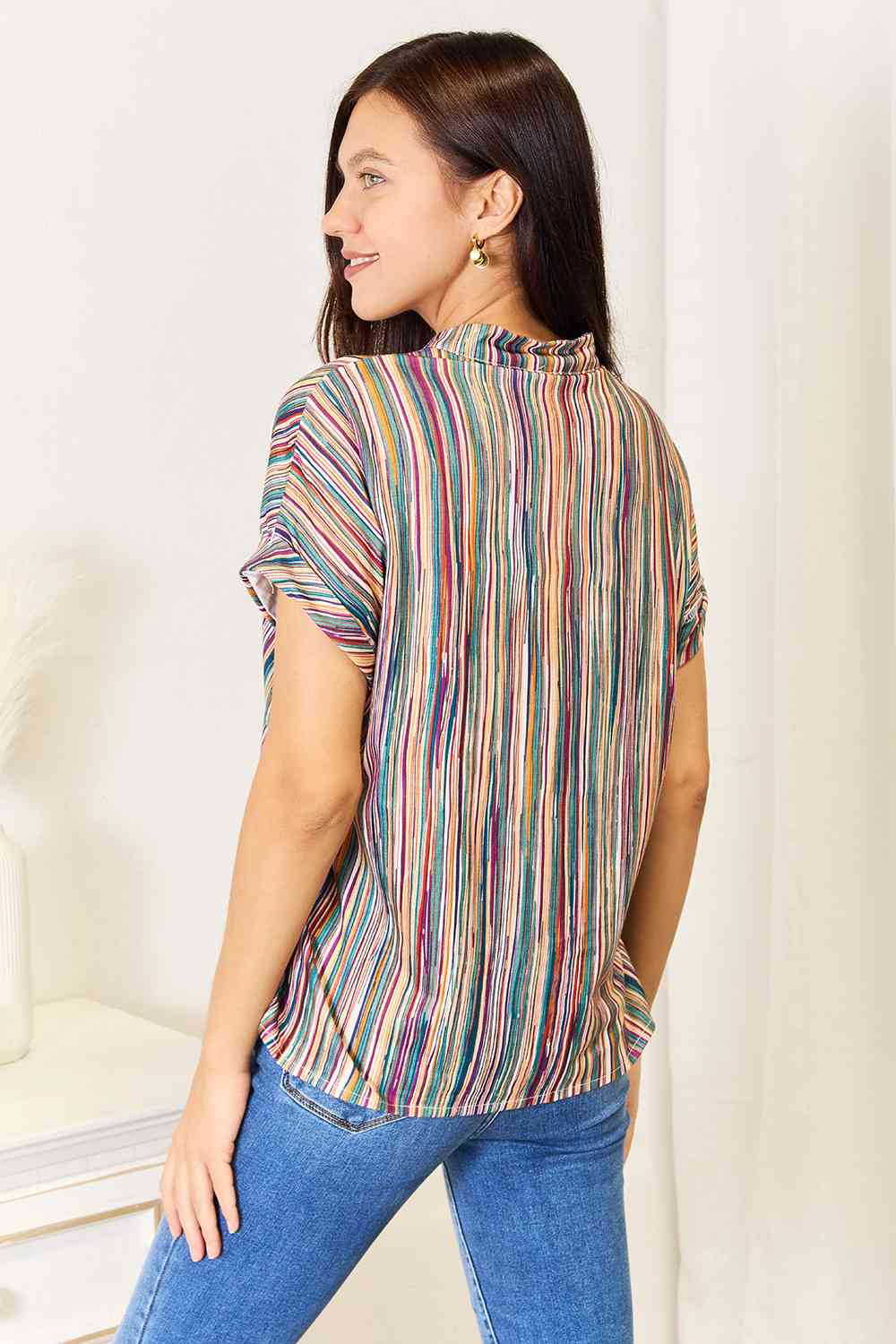 Double Take Multicolored Stripe Notched Neck Top BLUE ZONE PLANET