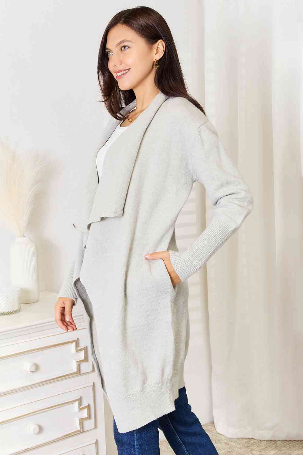 Double Take Open Front Duster Cardigan with Pockets BLUE ZONE PLANET