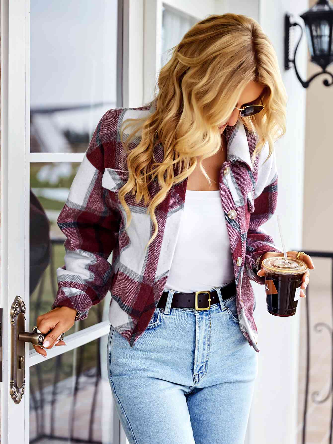 Double Take Plaid Button Front Dropped Shoulder Collared Jacket BLUE ZONE PLANET