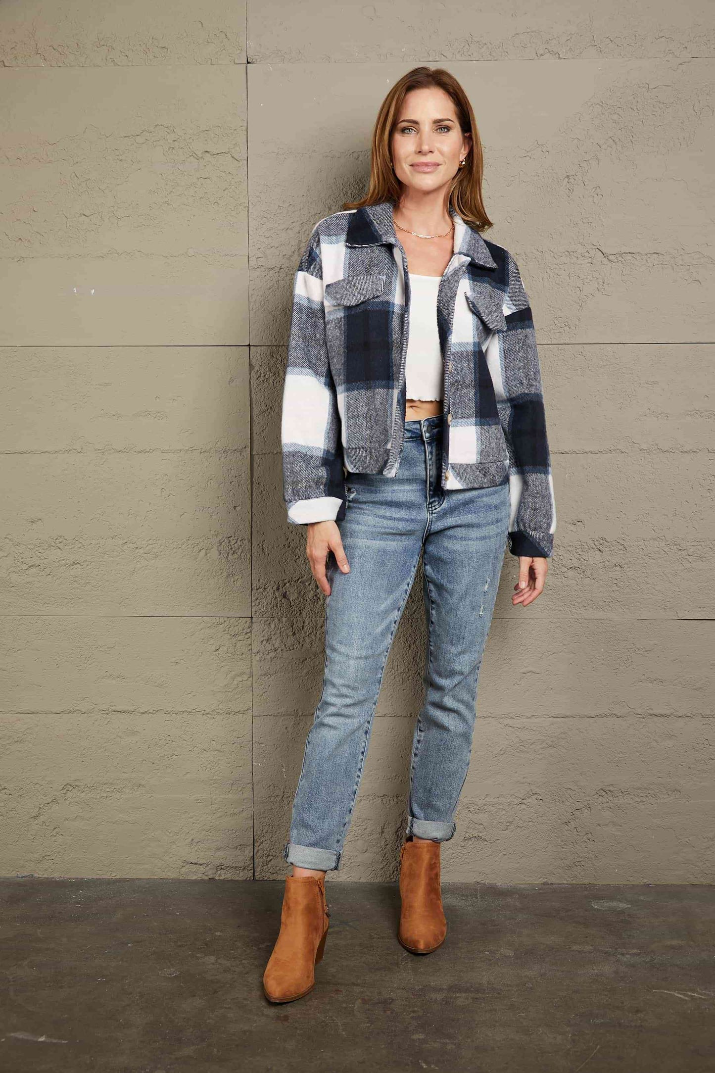Double Take Plaid Button Front Dropped Shoulder Collared Jacket BLUE ZONE PLANET