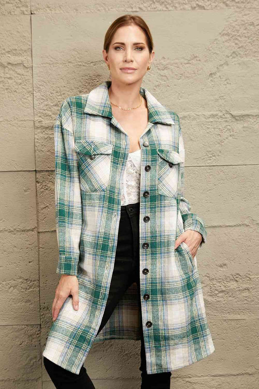 Double Take Plaid Button-Up Longline Jacket with Pockets BLUE ZONE PLANET