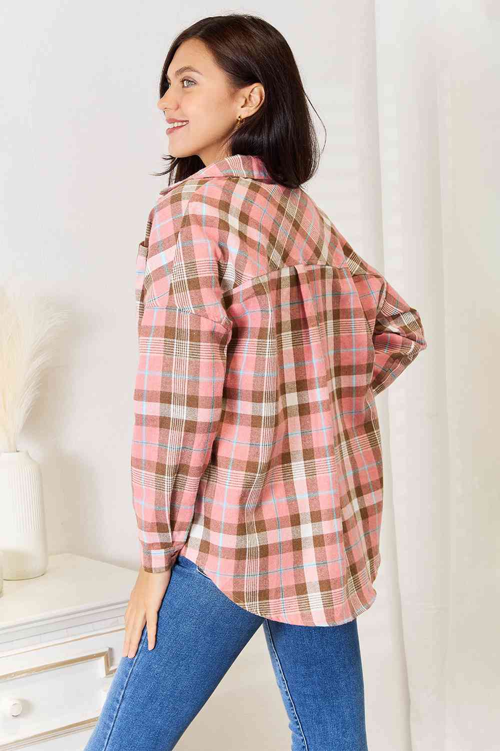 Double Take Plaid Collared Neck Long Sleeve Button-Up Shirt BLUE ZONE PLANET