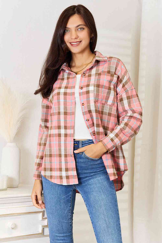 Double Take Plaid Collared Neck Long Sleeve Button-Up Shirt BLUE ZONE PLANET