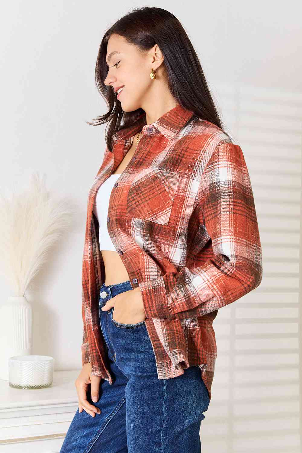 Double Take Plaid Collared Neck Long Sleeve Shirt BLUE ZONE PLANET