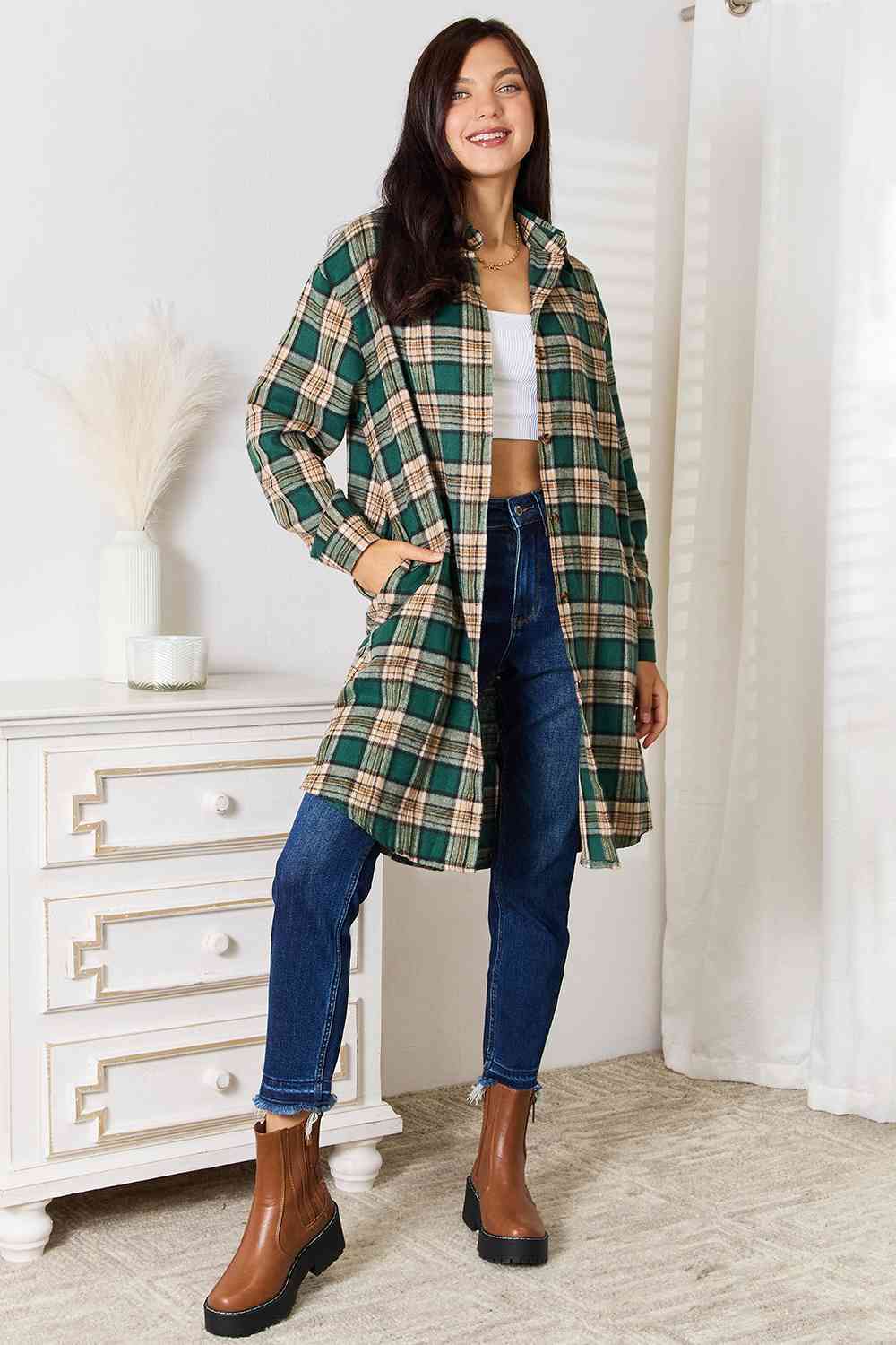 Double Take Plaid Collared Neck Long Sleeve Shirt BLUE ZONE PLANET