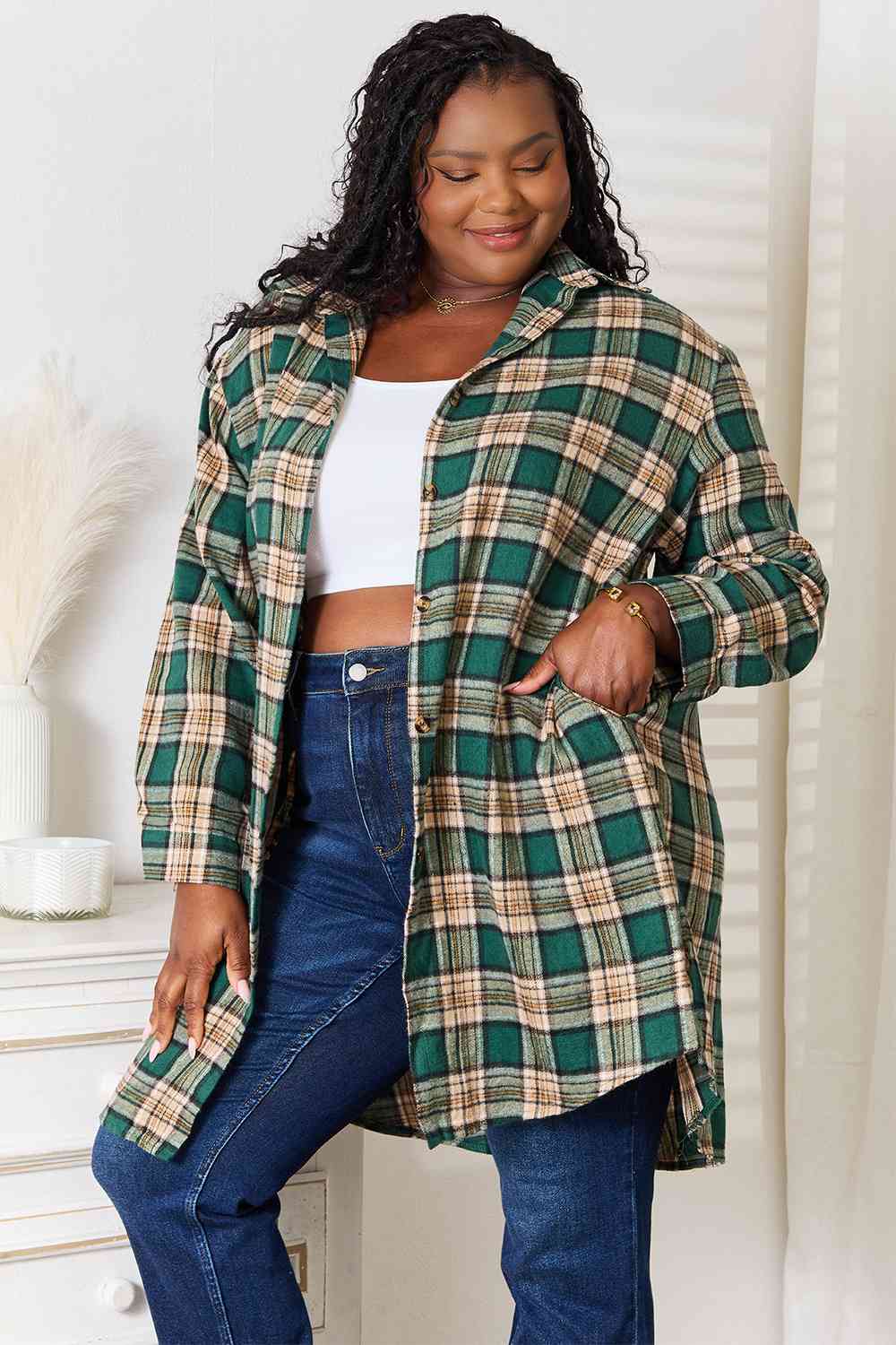 Double Take Plaid Collared Neck Long Sleeve Shirt BLUE ZONE PLANET