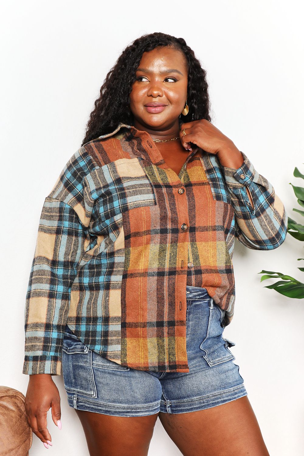 Double Take Plaid Curved Hem Shirt Jacket with Breast Pockets BLUE ZONE PLANET