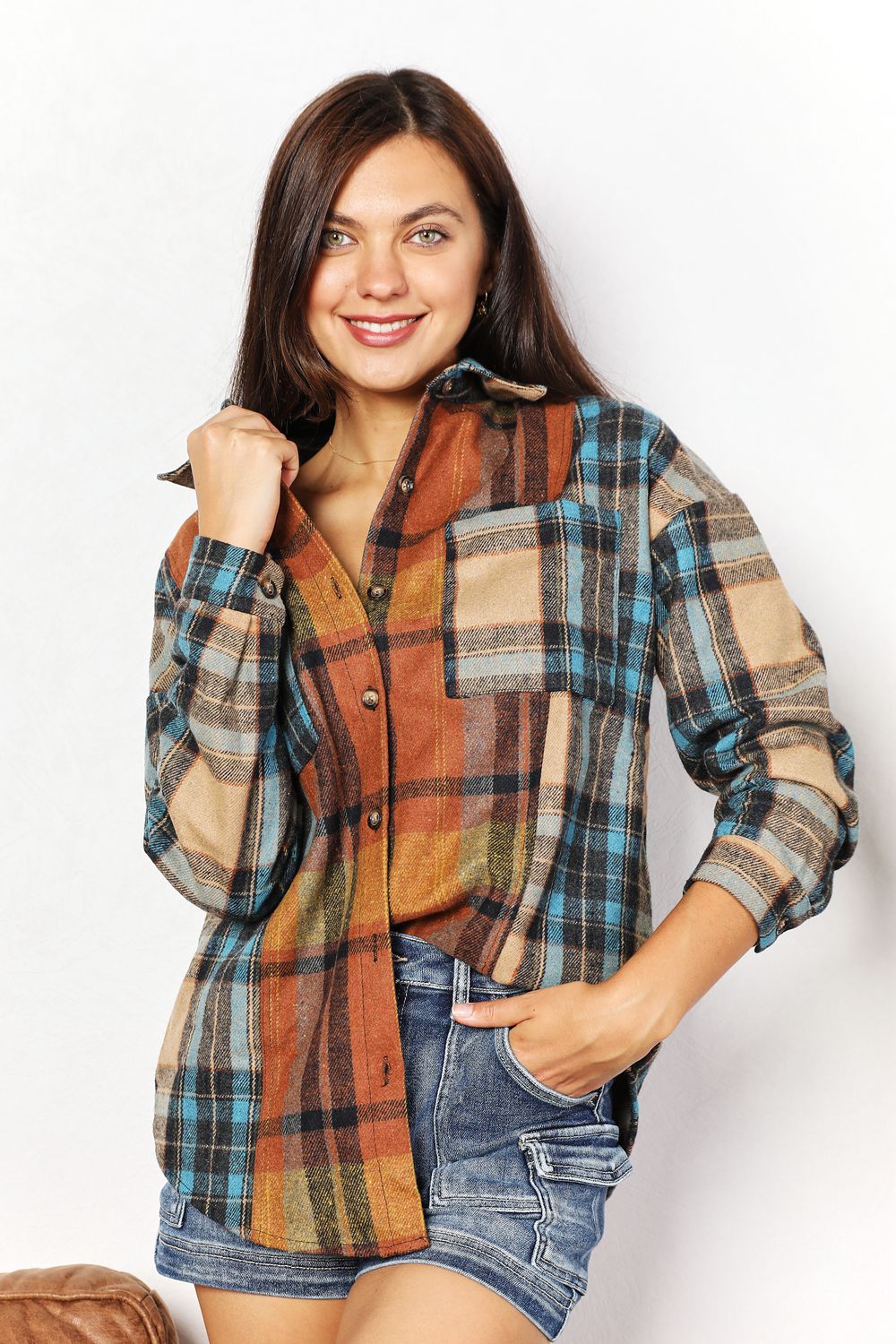 Double Take Plaid Curved Hem Shirt Jacket with Breast Pockets BLUE ZONE PLANET