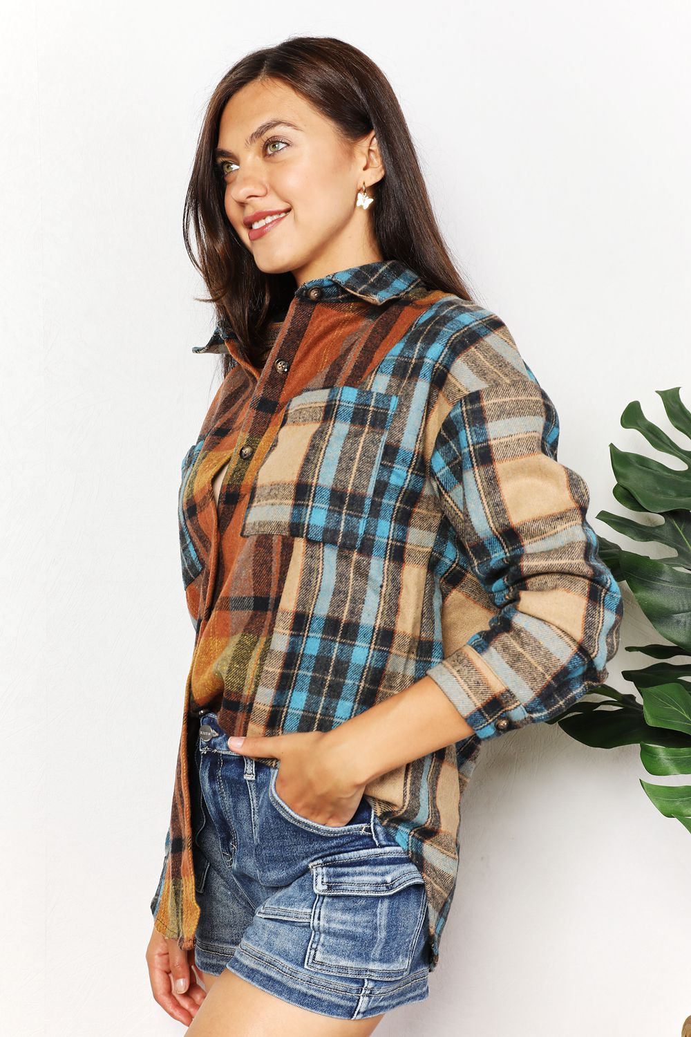 Double Take Plaid Curved Hem Shirt Jacket with Breast Pockets BLUE ZONE PLANET