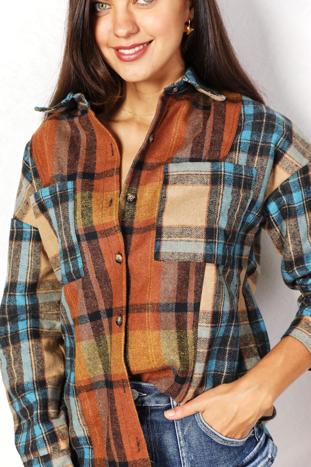 Double Take Plaid Curved Hem Shirt Jacket with Breast Pockets BLUE ZONE PLANET