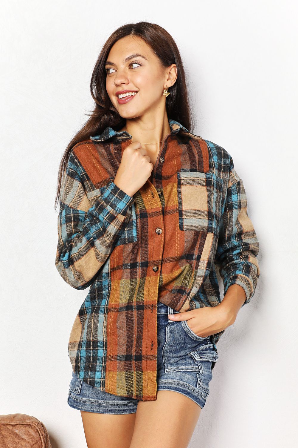 Double Take Plaid Curved Hem Shirt Jacket with Breast Pockets BLUE ZONE PLANET