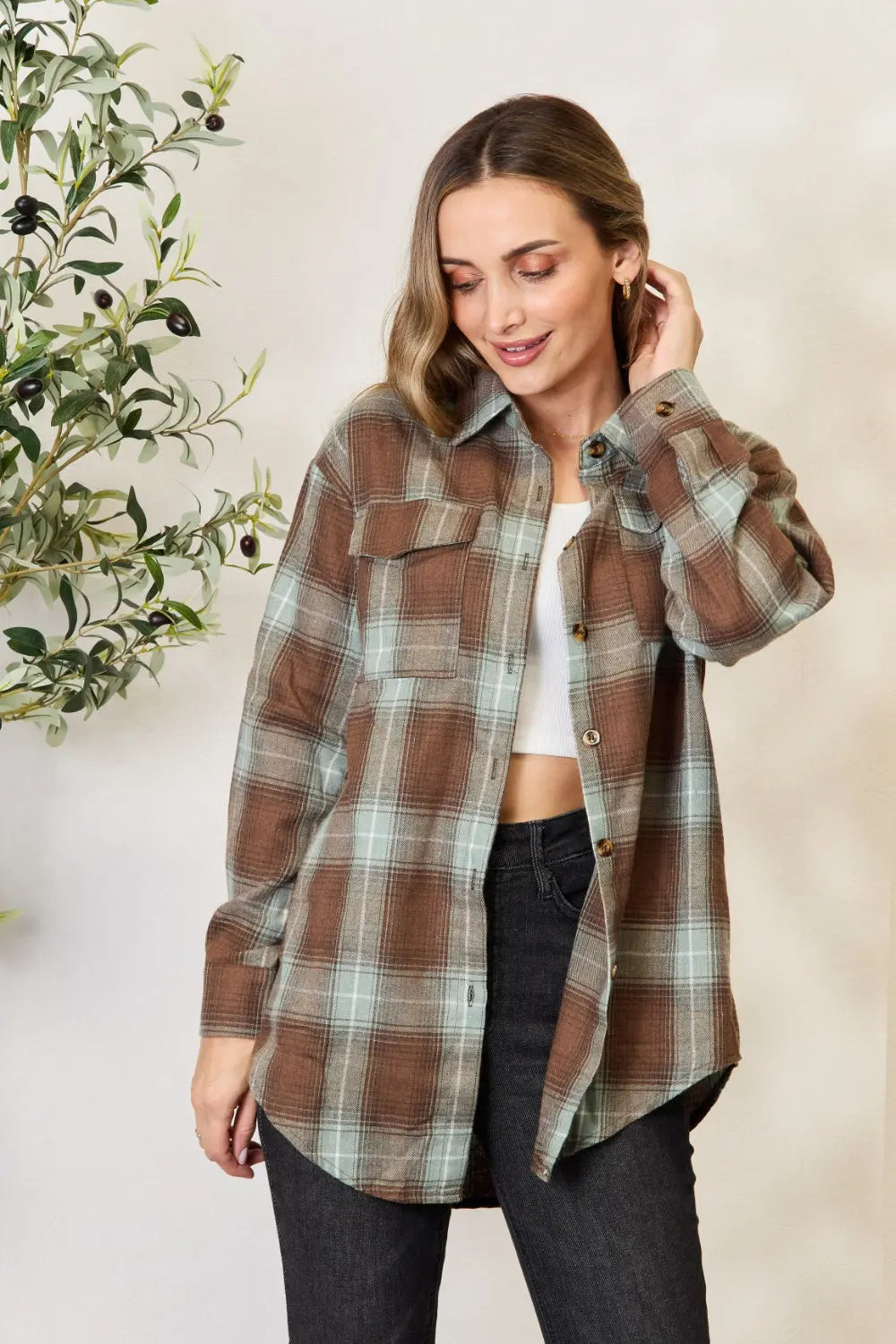 Double Take Plaid Dropped Shoulder Shirt BLUE ZONE PLANET