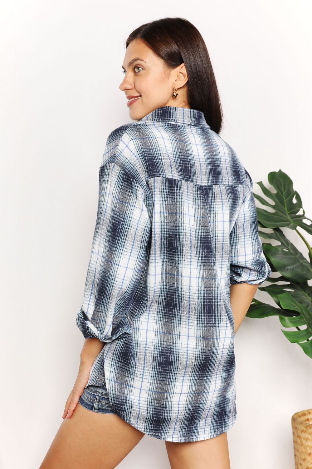 Double Take Plaid Dropped Shoulder Shirt BLUE ZONE PLANET