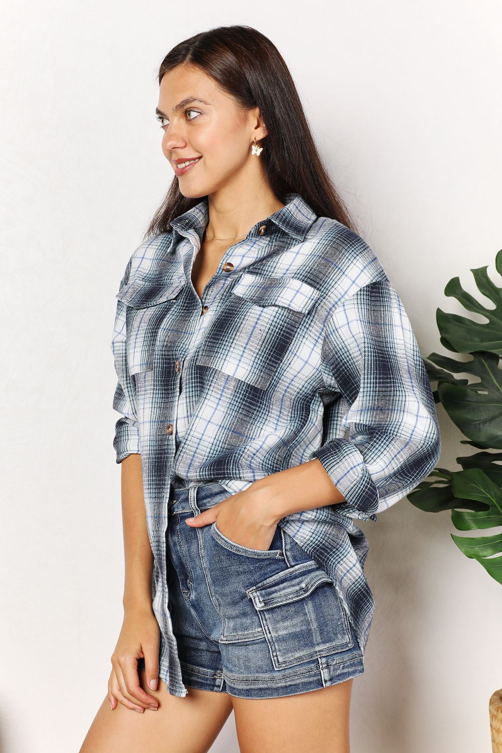 Double Take Plaid Dropped Shoulder Shirt BLUE ZONE PLANET