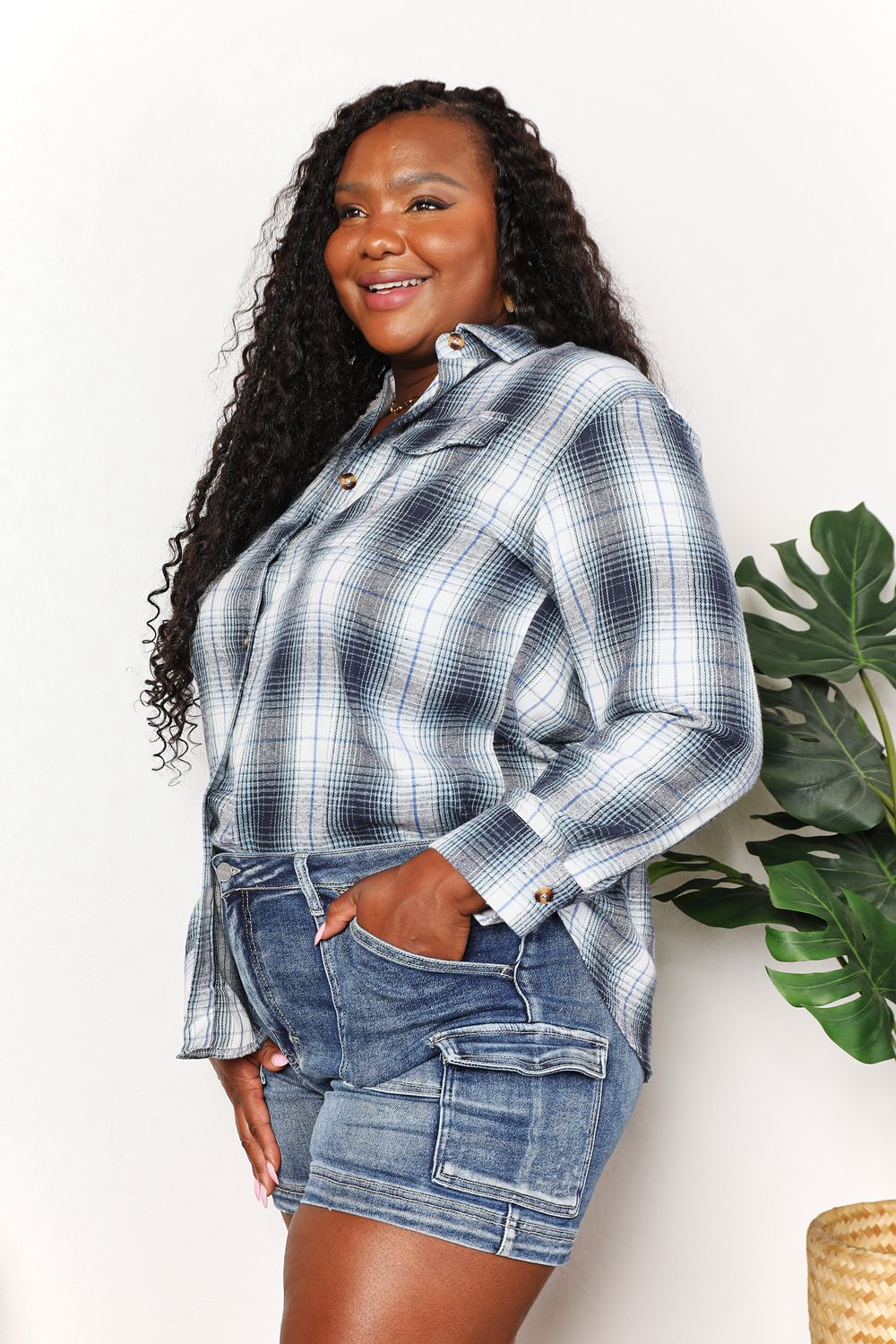 Double Take Plaid Dropped Shoulder Shirt BLUE ZONE PLANET