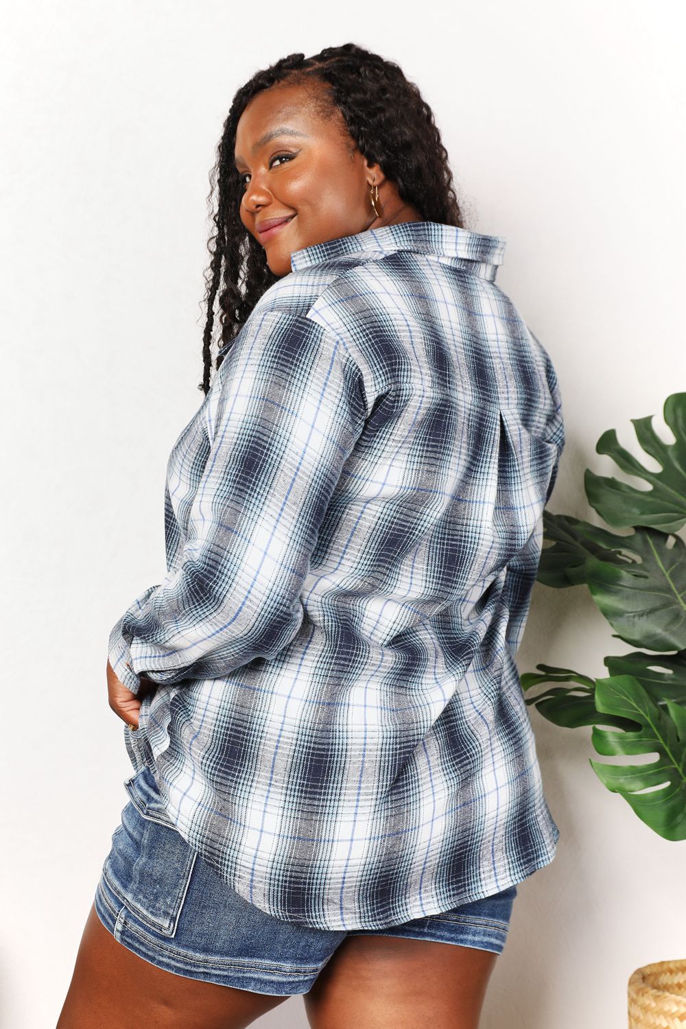 Double Take Plaid Dropped Shoulder Shirt BLUE ZONE PLANET