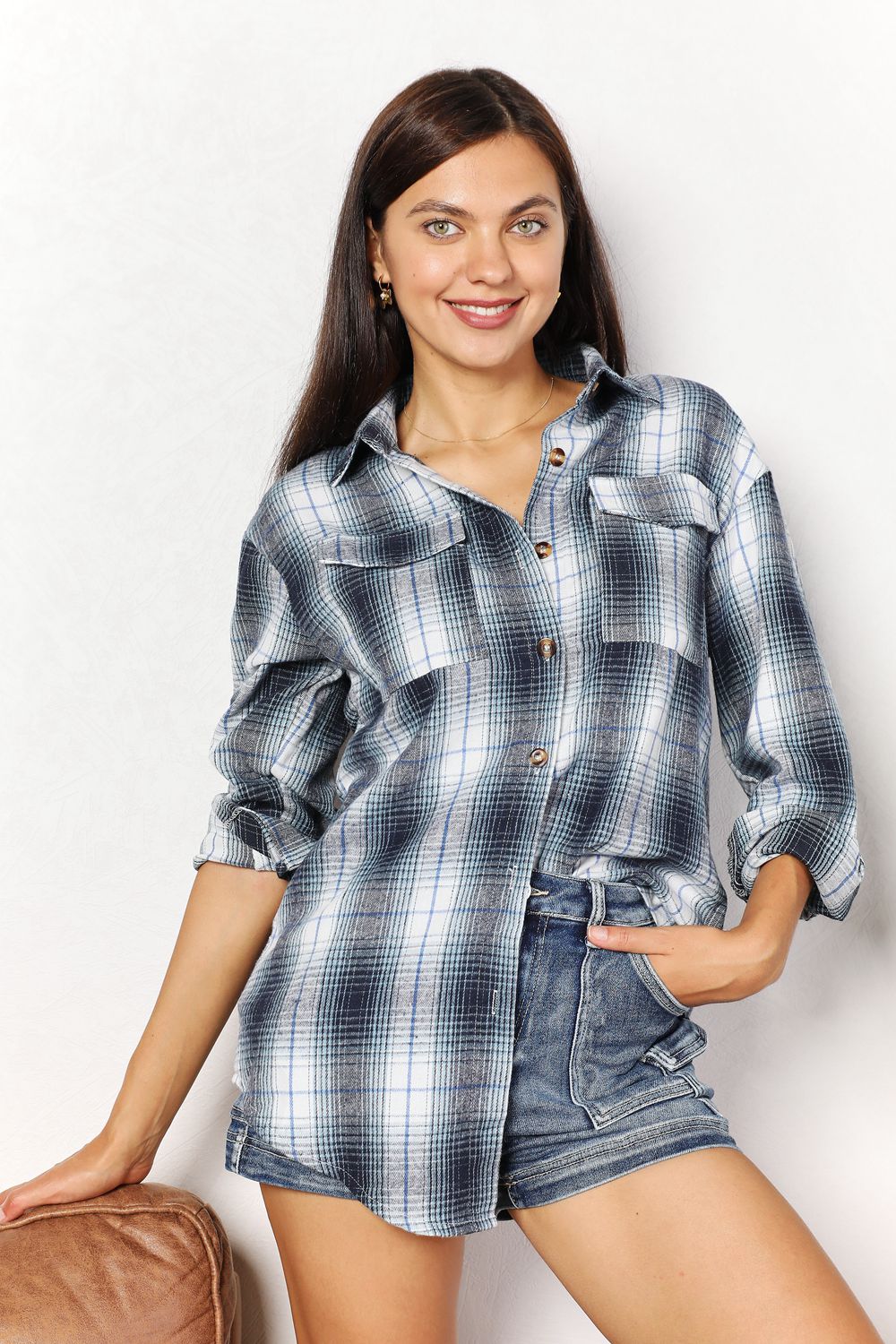 Double Take Plaid Dropped Shoulder Shirt BLUE ZONE PLANET