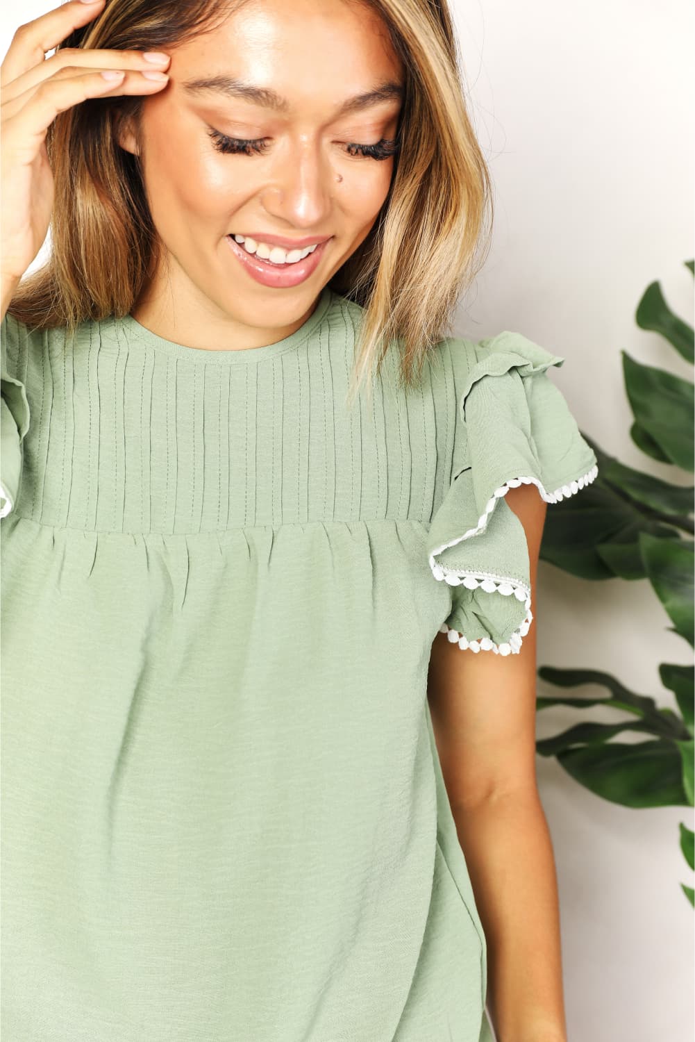 Double Take Pleated Detail Flutter Sleeve Blouse BLUE ZONE PLANET