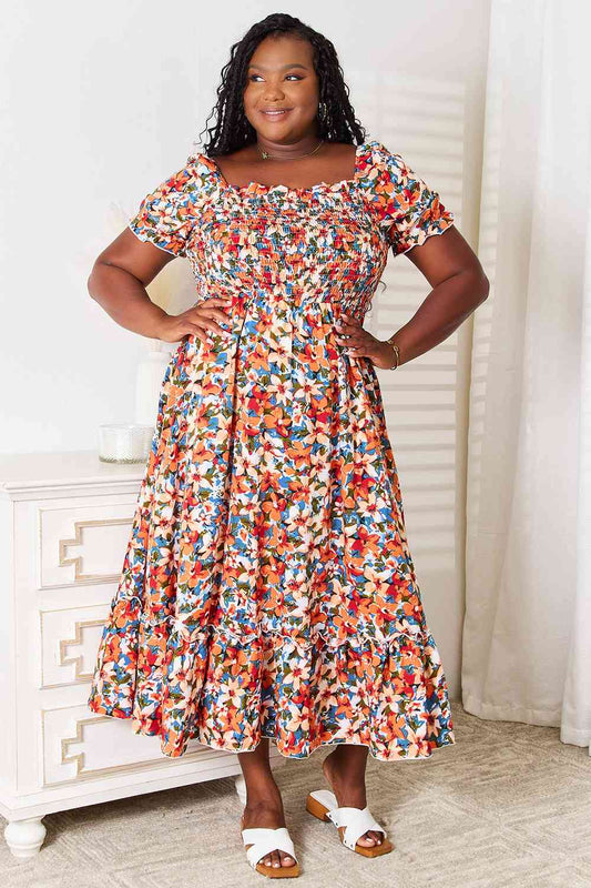 Double Take Plus Size Floral Smocked Square Neck Dress BLUE ZONE PLANET