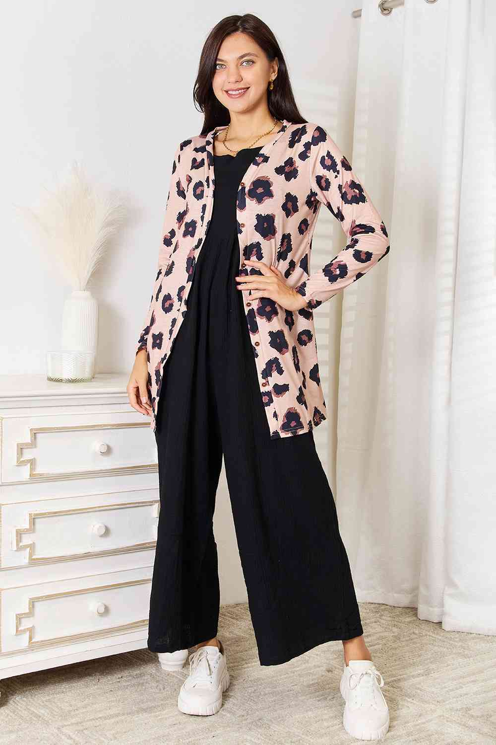 Double Take Printed Button Front Longline Cardigan BLUE ZONE PLANET