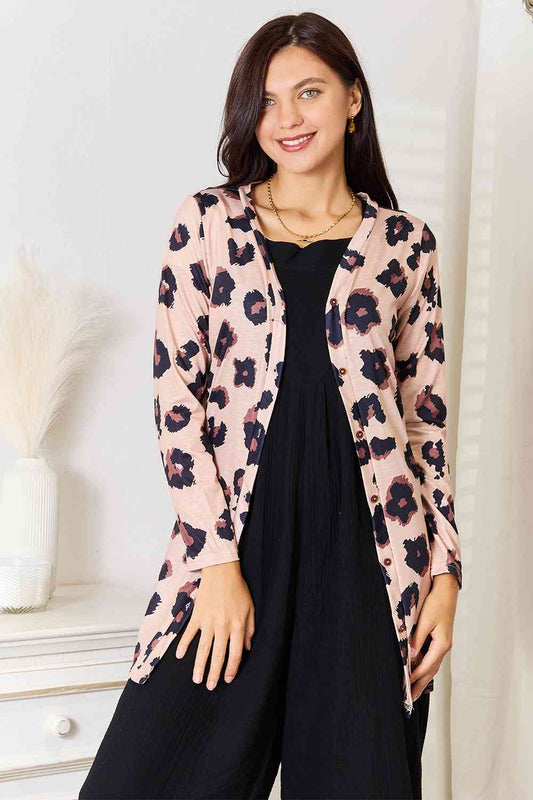Double Take Printed Button Front Longline Cardigan BLUE ZONE PLANET