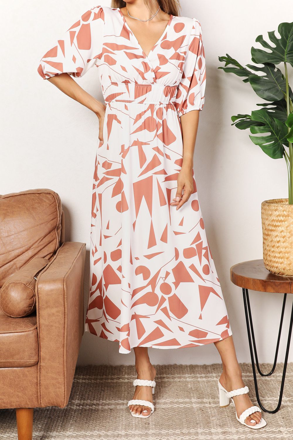 Double Take Printed Surplice Balloon Sleeve Dress BLUE ZONE PLANET