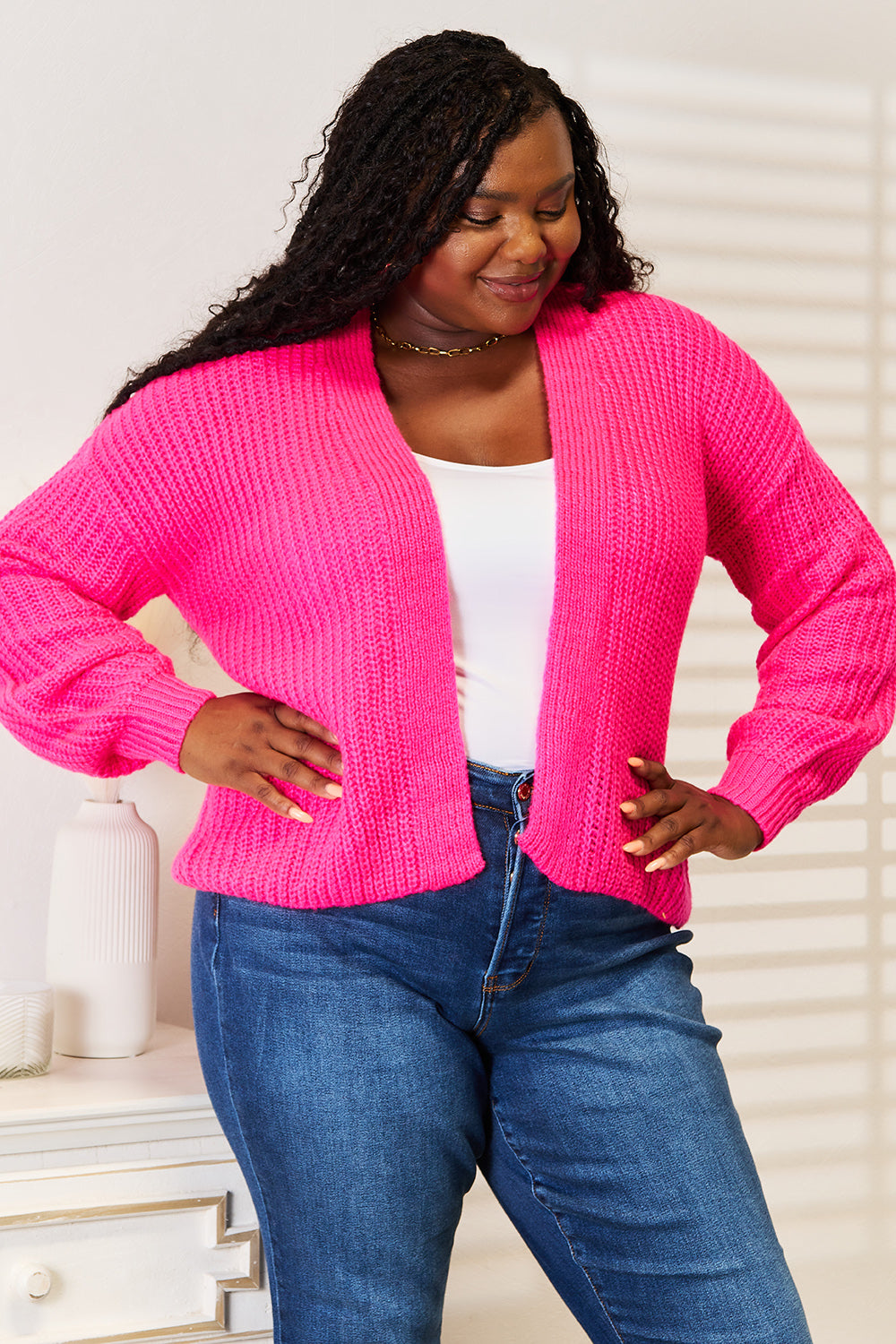 Double Take Rib-Knit Open Front Drop Shoulder Cardigan BLUE ZONE PLANET