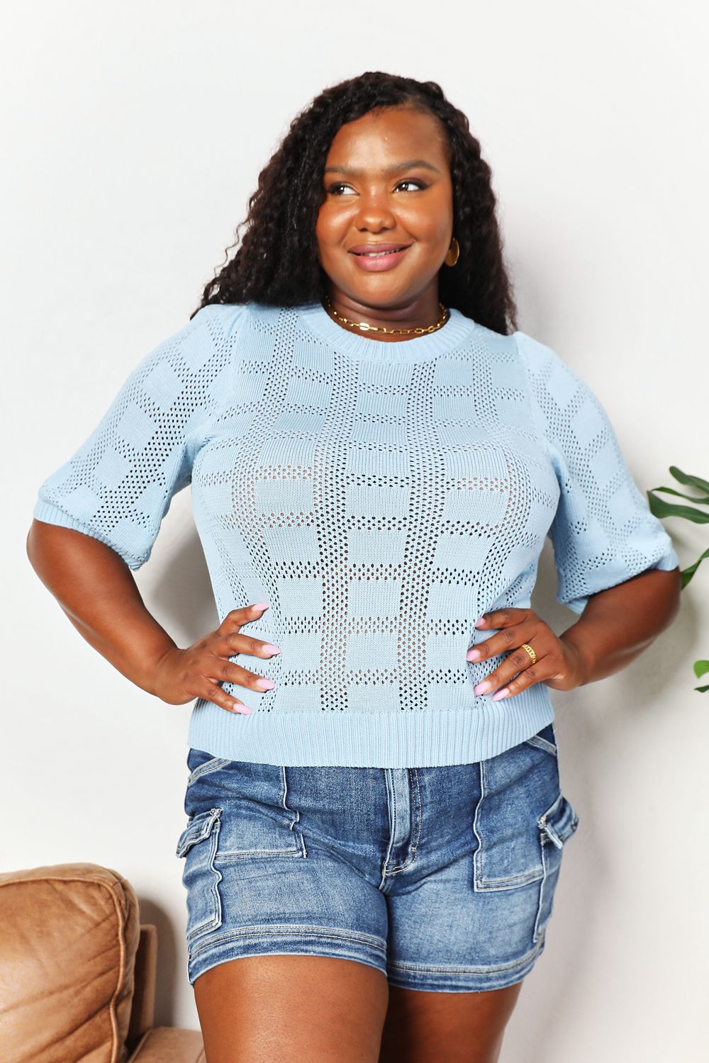 Double Take Ribbed Trim Round Neck Knit Top BLUE ZONE PLANET