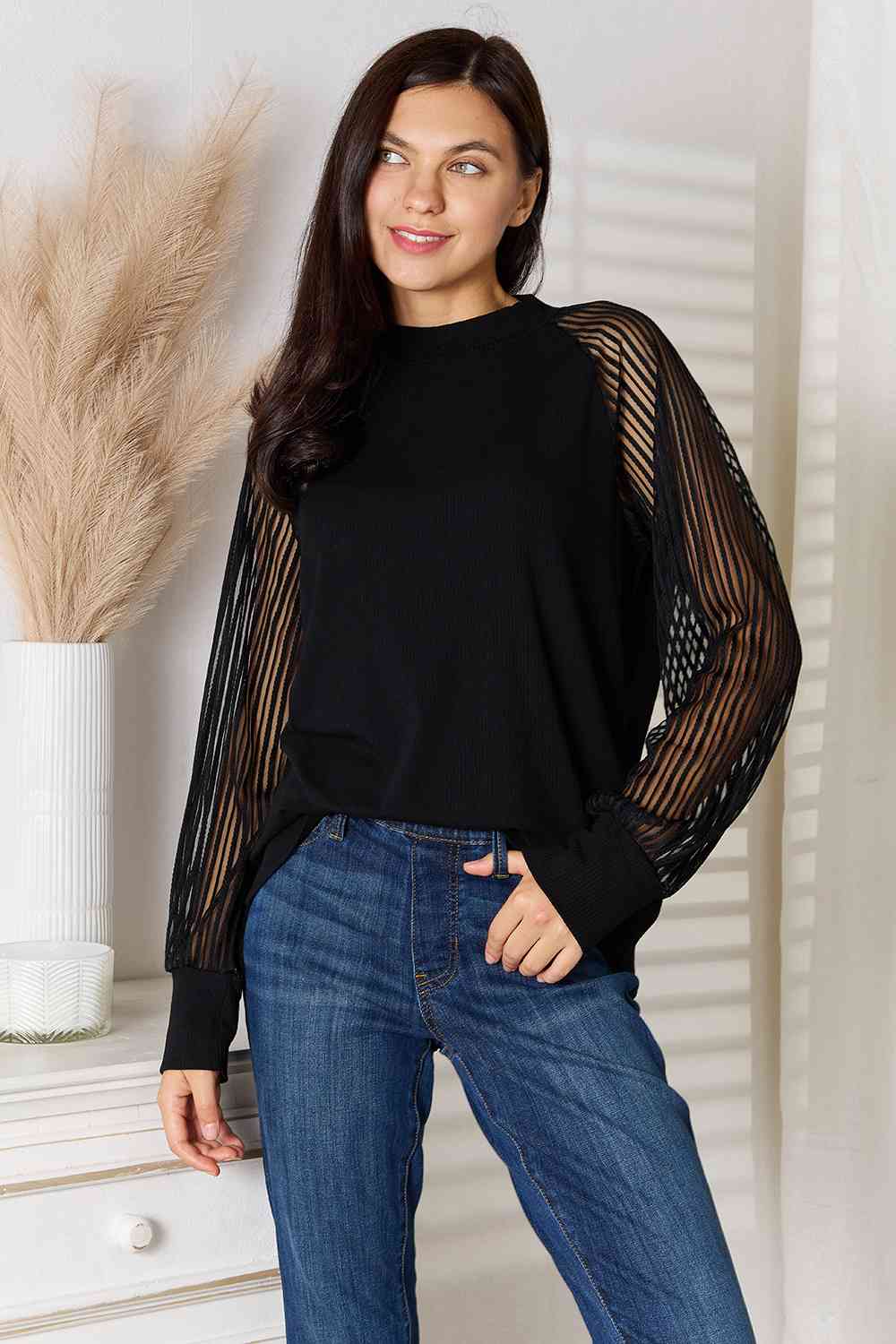 Double Take Round Neck Raglan Sleeve Blouse BLUE ZONE PLANET