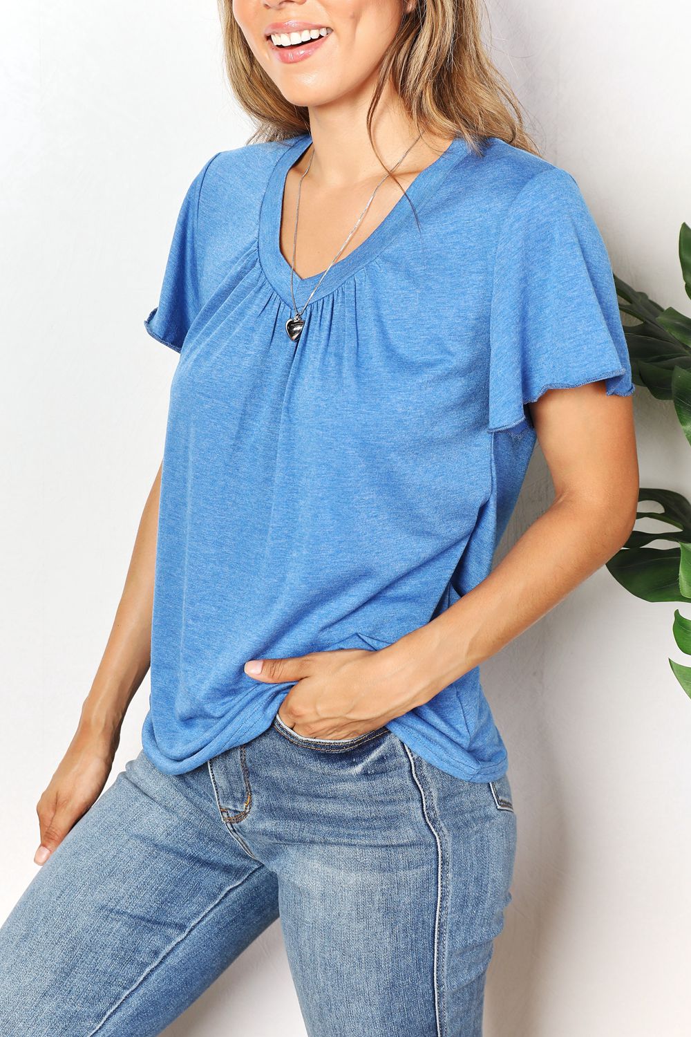 Double Take Ruched V-Neck Short Sleeve T-Shirt BLUE ZONE PLANET