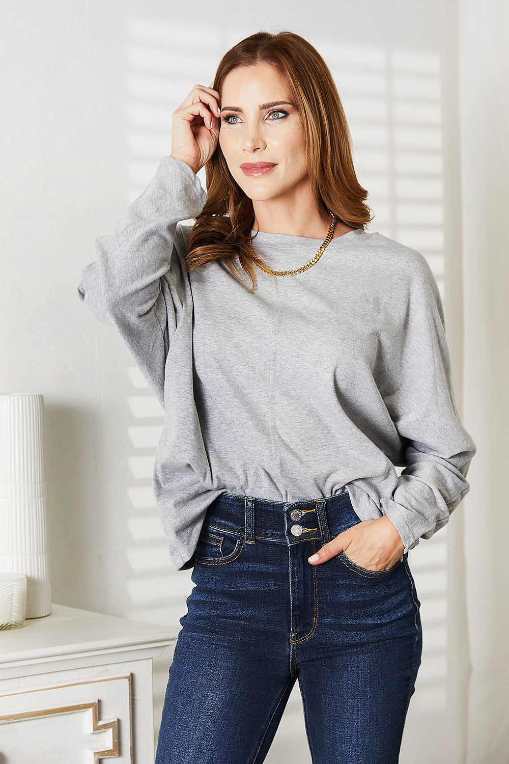 Double Take Seam Detail Round Neck Long Sleeve Top BLUE ZONE PLANET