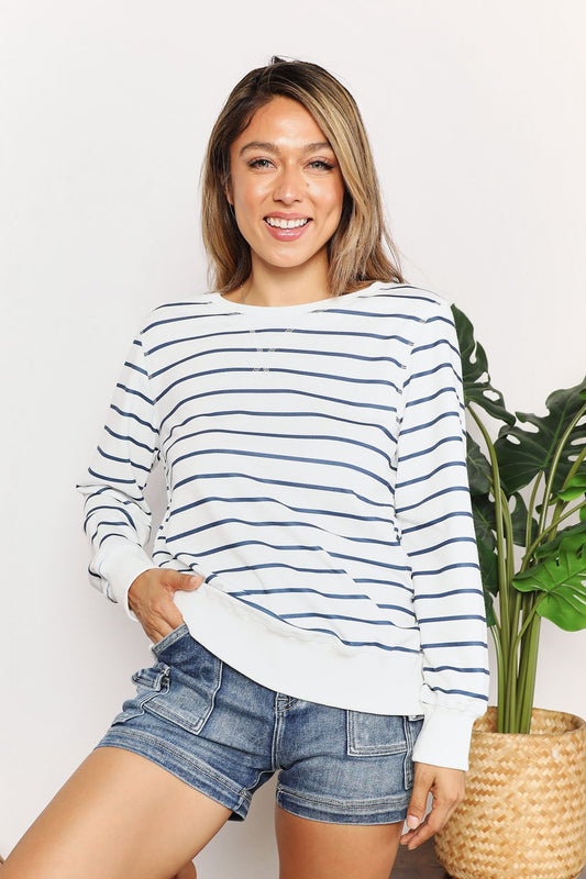 Double Take Striped Long Sleeve Round Neck Top BLUE ZONE PLANET