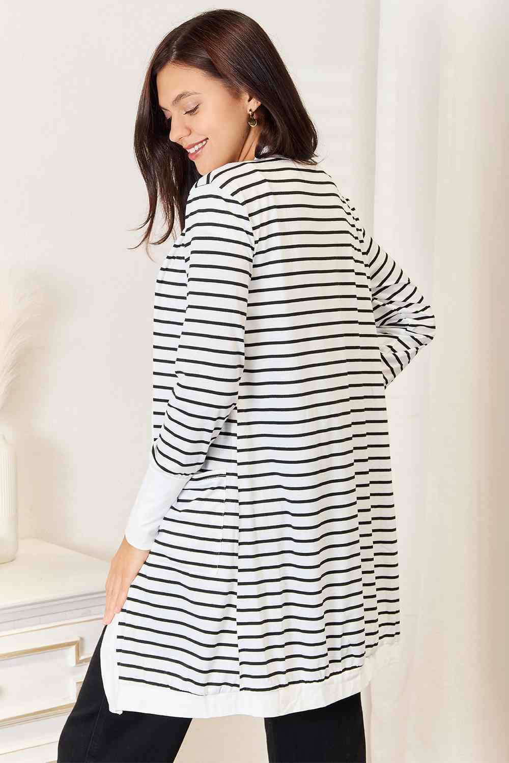 Double Take Striped Open Front Longline Cardigan BLUE ZONE PLANET