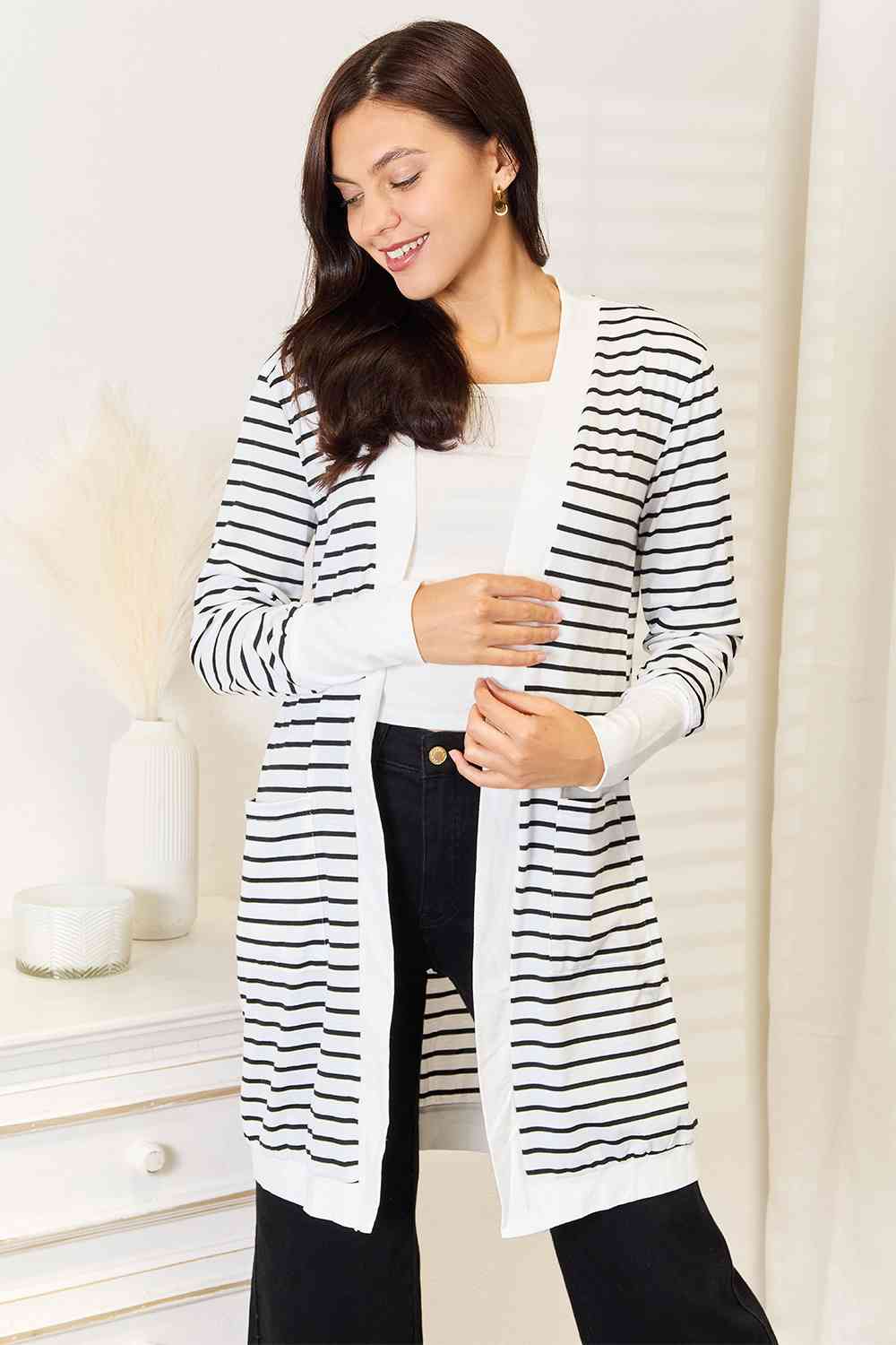 Double Take Striped Open Front Longline Cardigan BLUE ZONE PLANET