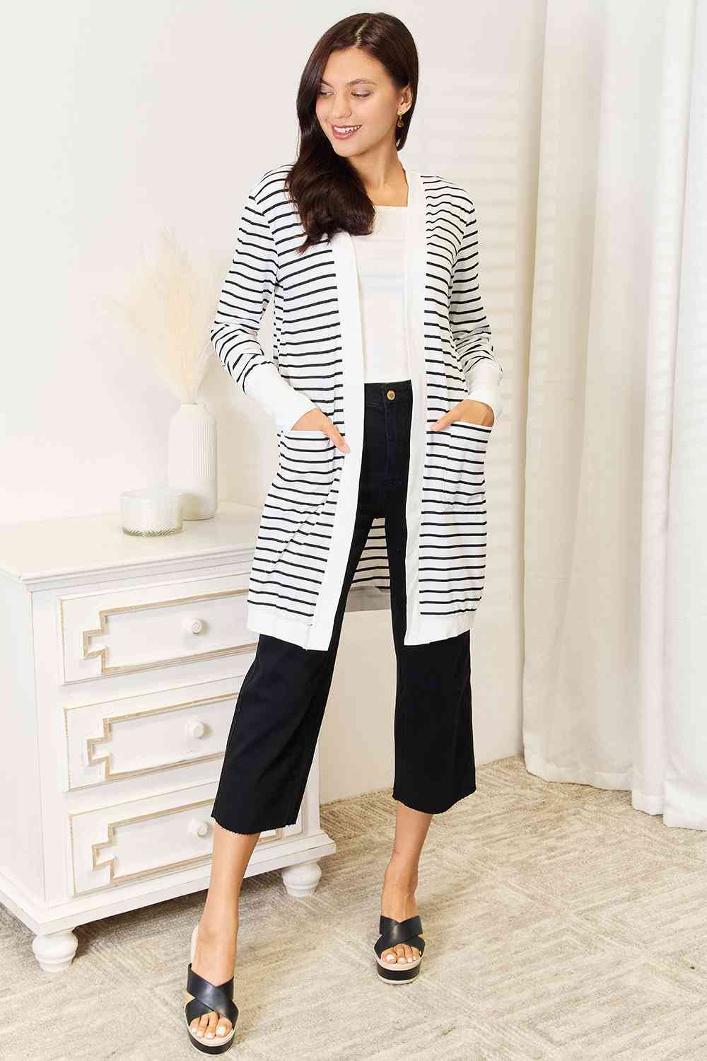 Double Take Striped Open Front Longline Cardigan BLUE ZONE PLANET