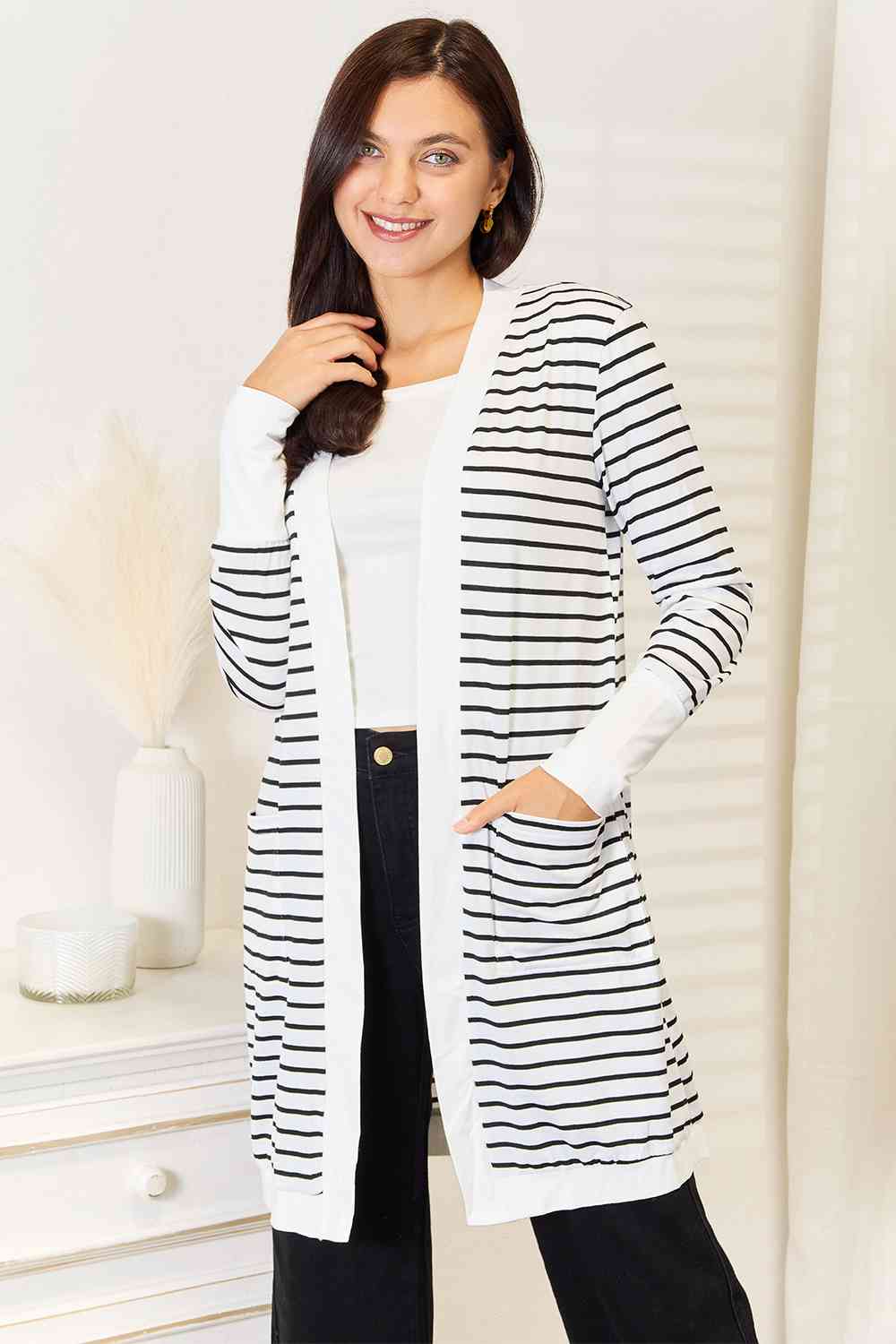 Double Take Striped Open Front Longline Cardigan BLUE ZONE PLANET