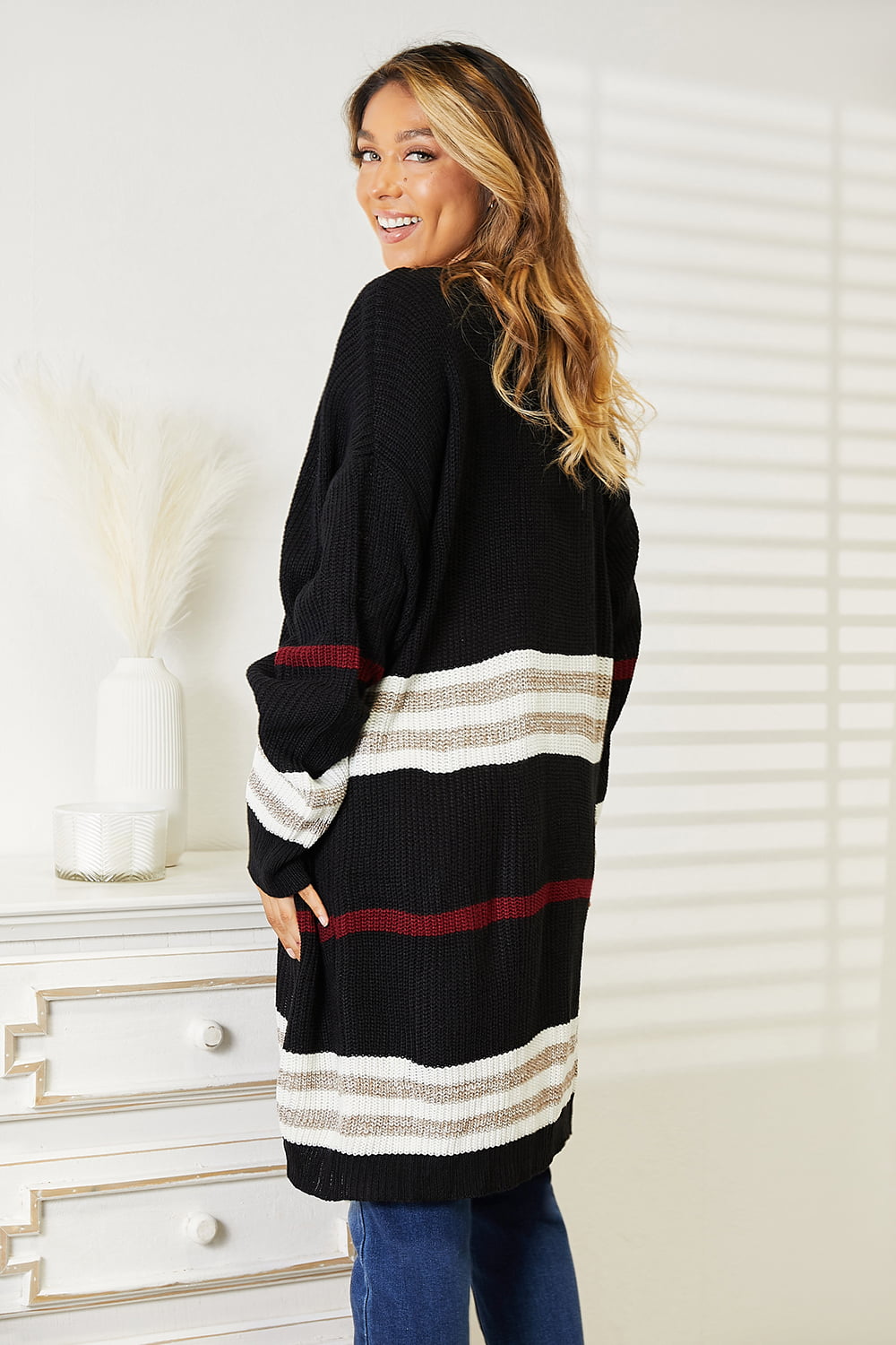 Double Take Striped Rib-Knit Drop Shoulder Open Front Cardigan BLUE ZONE PLANET