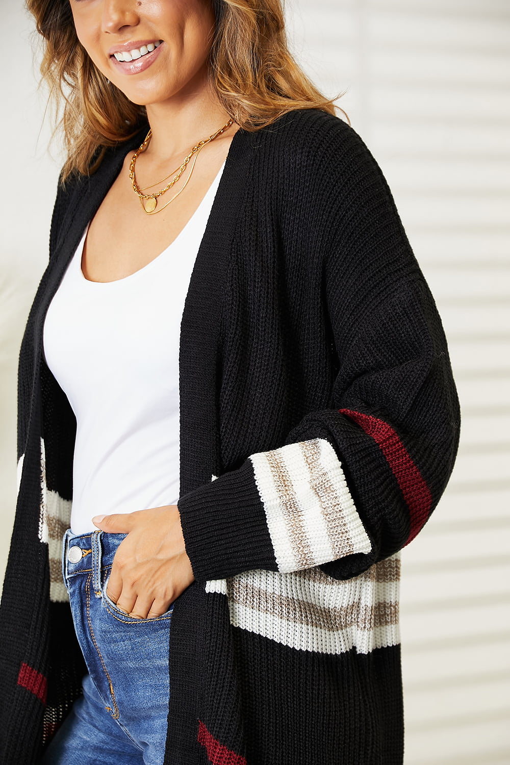 Double Take Striped Rib-Knit Drop Shoulder Open Front Cardigan BLUE ZONE PLANET