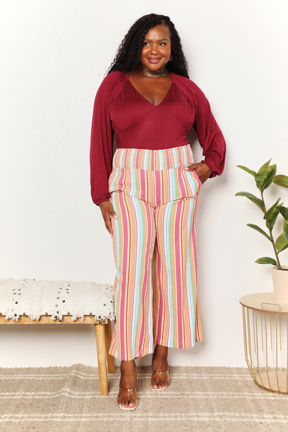 Double Take Striped Smocked Waist Pants with Pockets BLUE ZONE PLANET