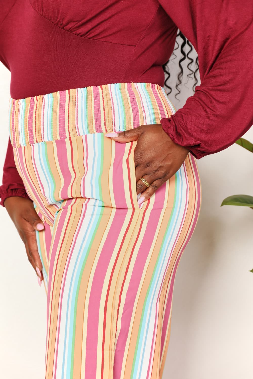 Double Take Striped Smocked Waist Pants with Pockets BLUE ZONE PLANET