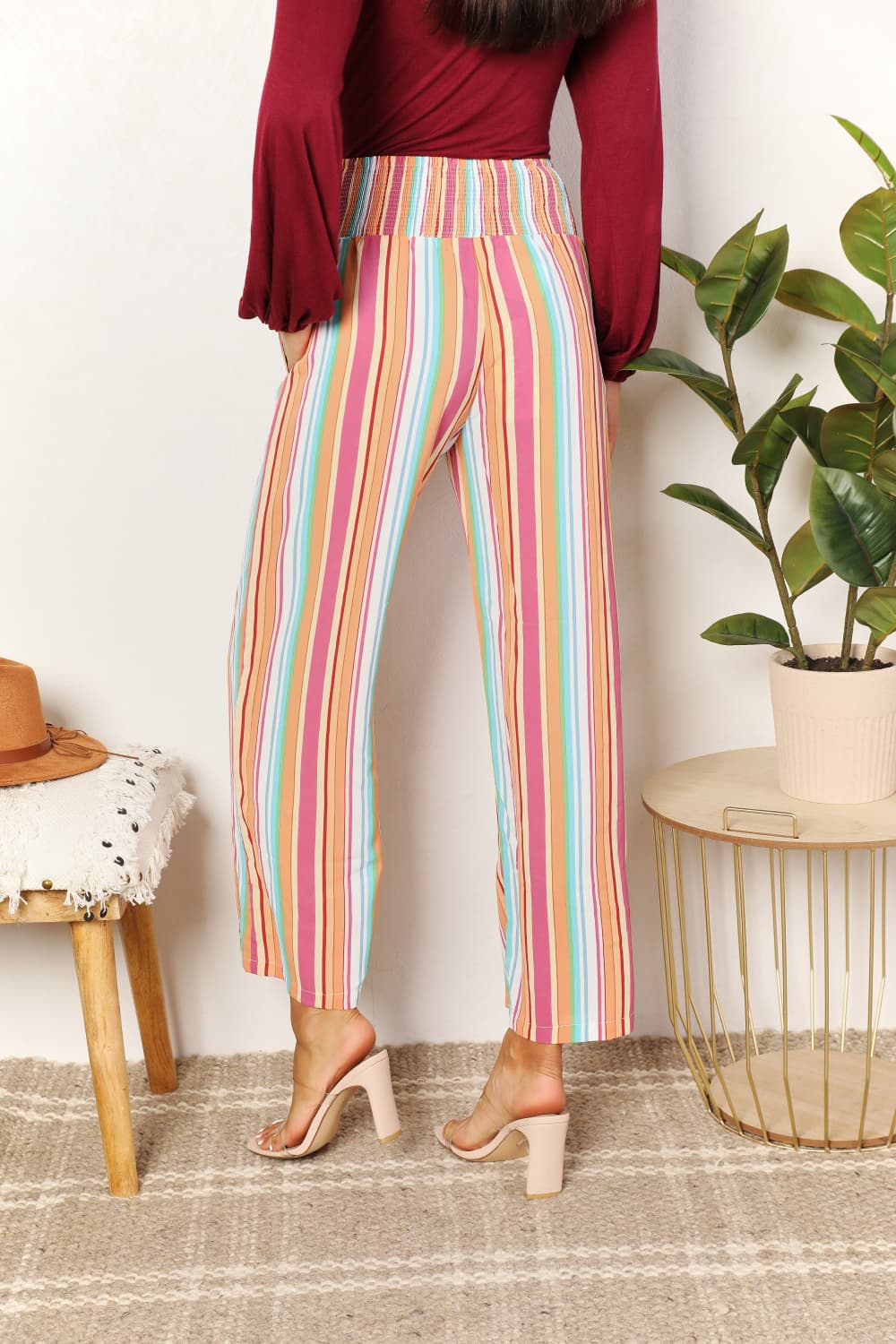 Double Take Striped Smocked Waist Pants with Pockets BLUE ZONE PLANET