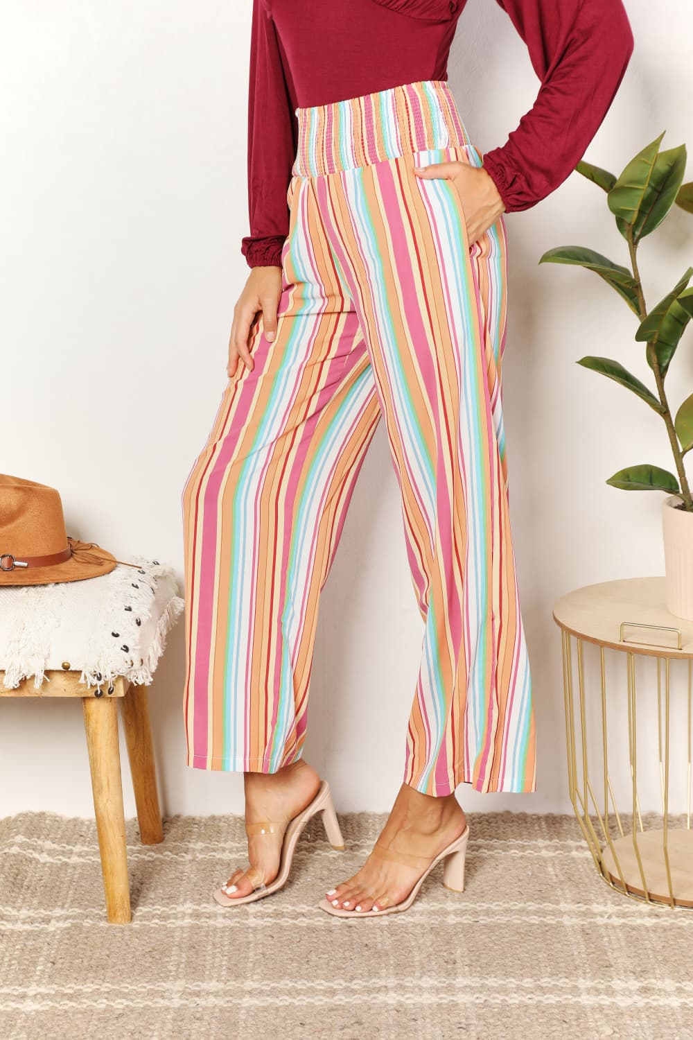 Double Take Striped Smocked Waist Pants with Pockets BLUE ZONE PLANET