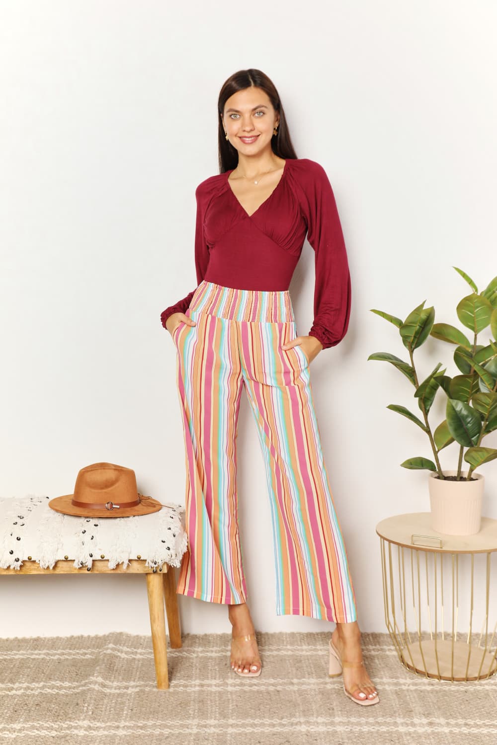 Double Take Striped Smocked Waist Pants with Pockets BLUE ZONE PLANET