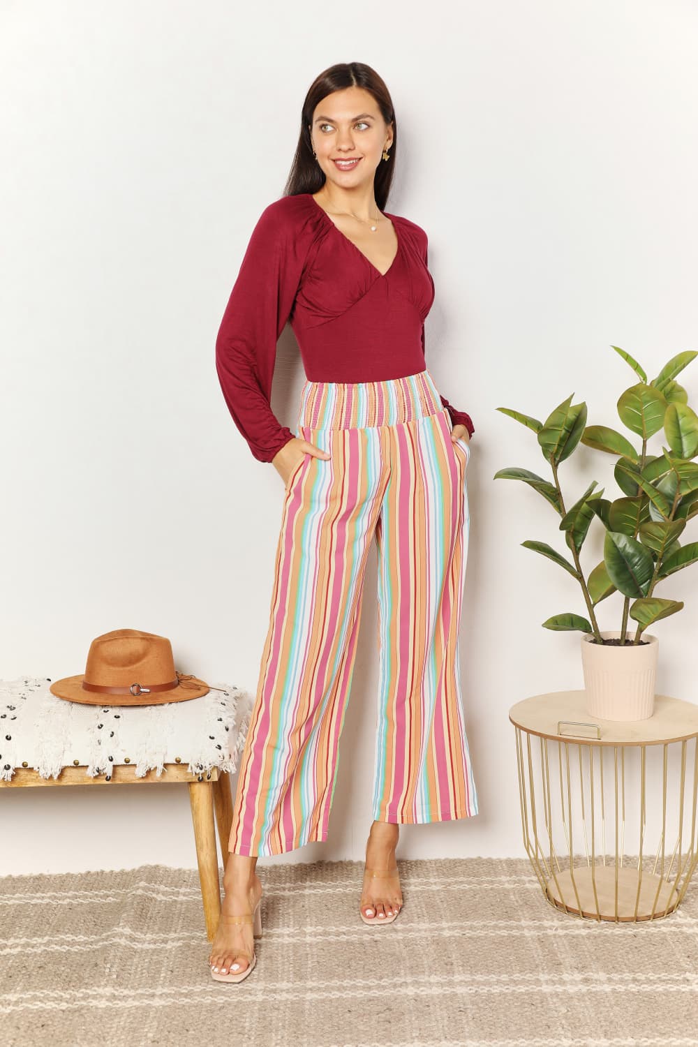 Double Take Striped Smocked Waist Pants with Pockets BLUE ZONE PLANET