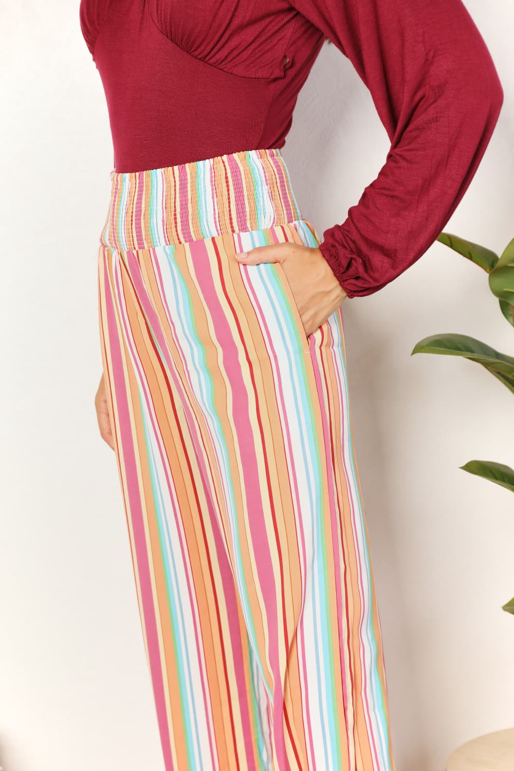 Double Take Striped Smocked Waist Pants with Pockets BLUE ZONE PLANET