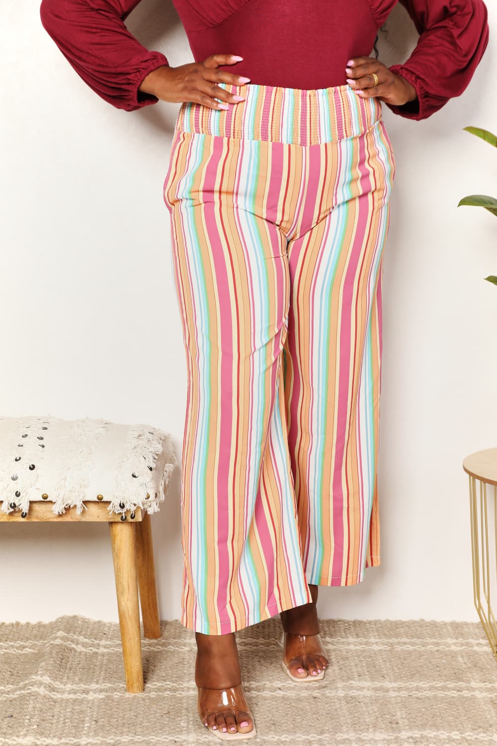 Double Take Striped Smocked Waist Pants with Pockets BLUE ZONE PLANET