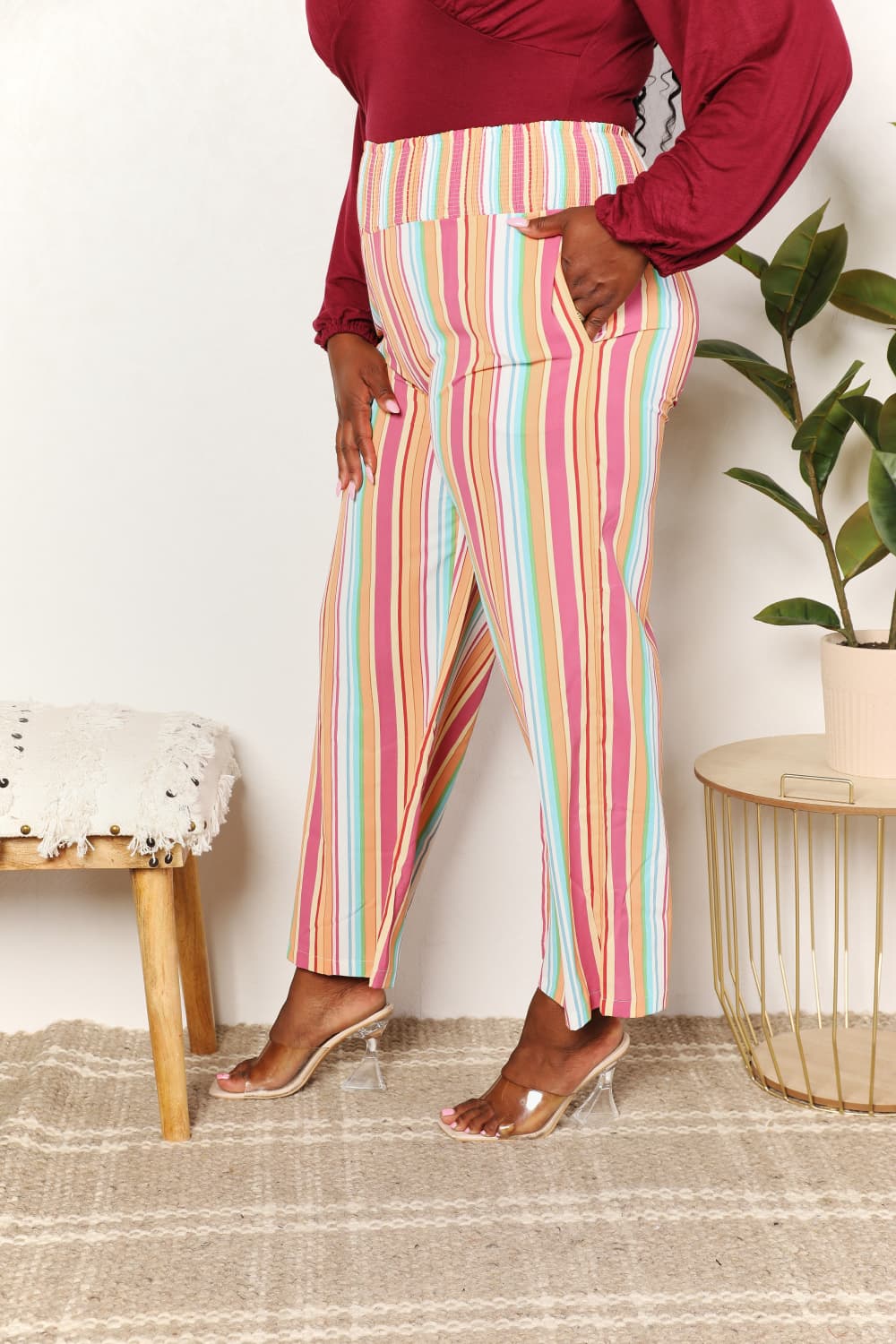 Double Take Striped Smocked Waist Pants with Pockets BLUE ZONE PLANET