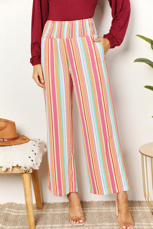 Double Take Striped Smocked Waist Pants with Pockets BLUE ZONE PLANET