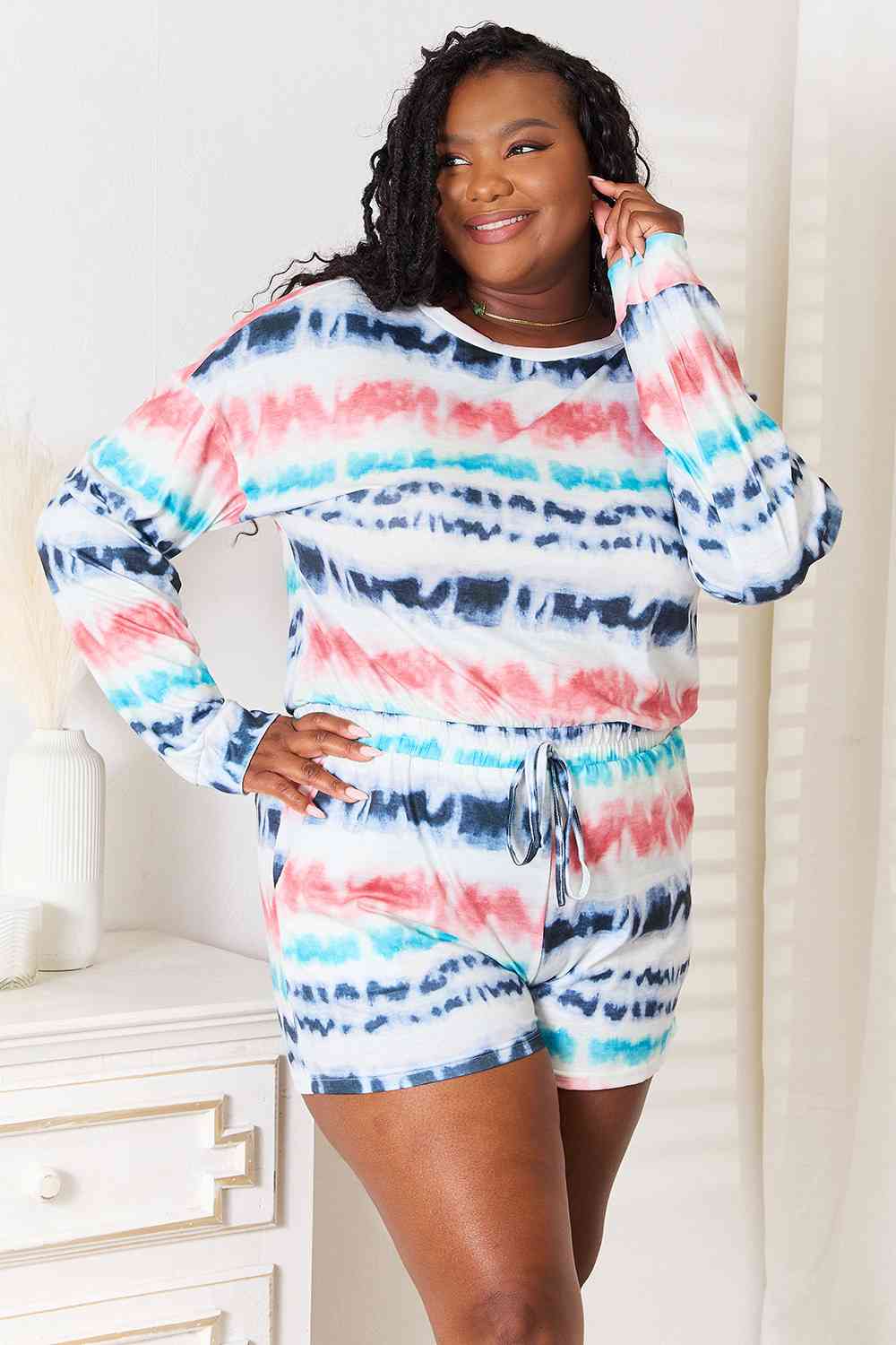 Double Take Tie-Dye Dropped Shoulder Lounge Set BLUE ZONE PLANET